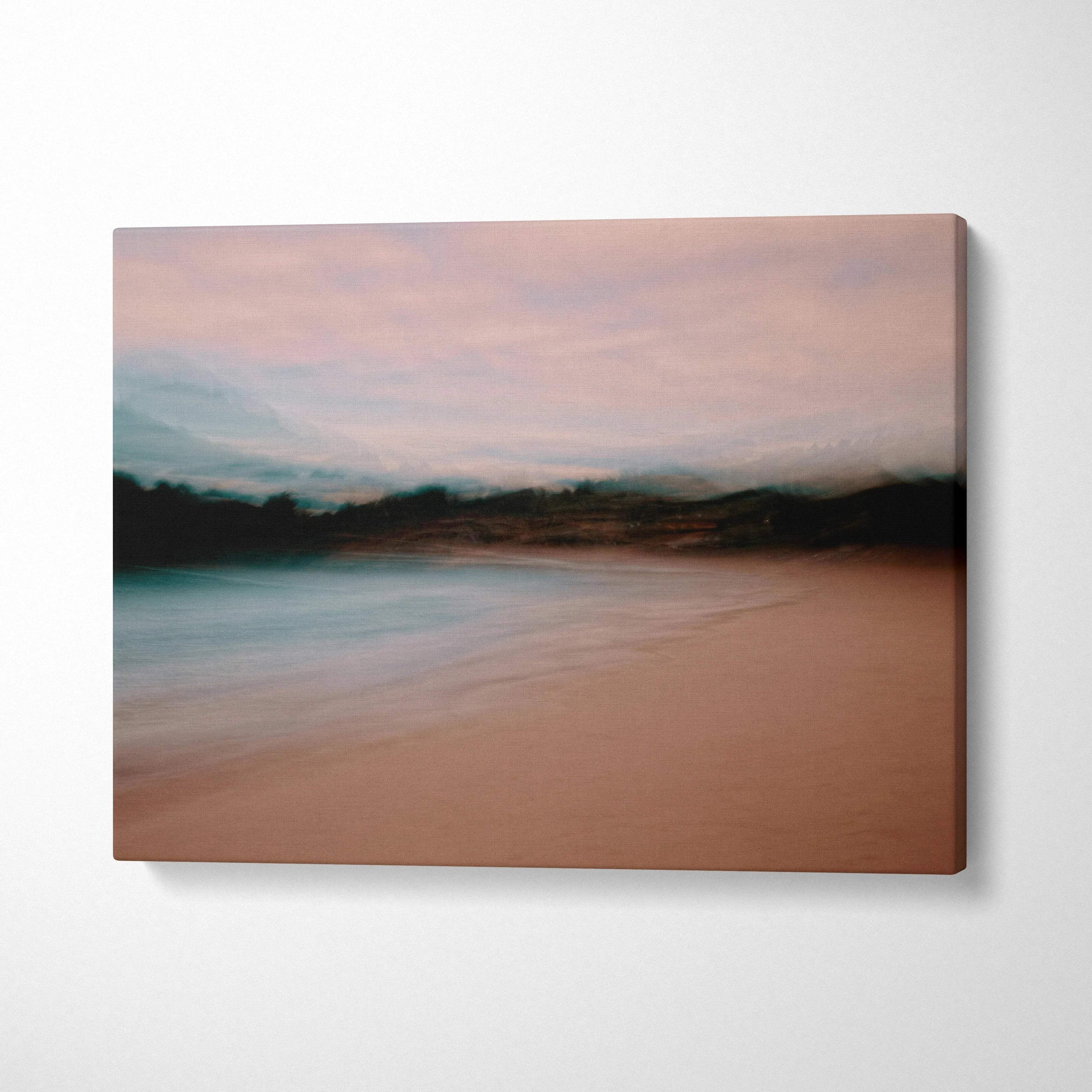 Dreamy beach seascape canvas print with soft pink sky and teal water