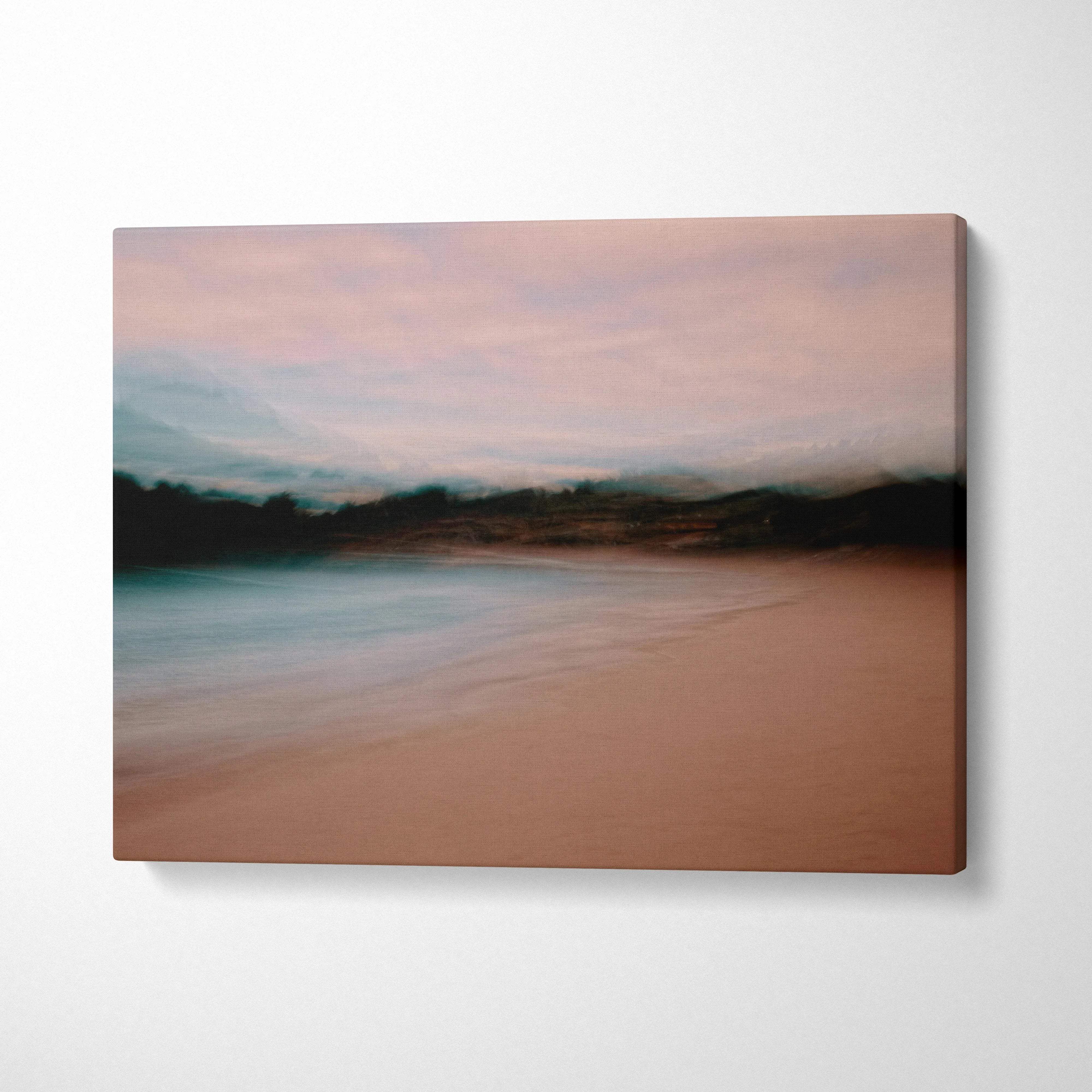 Dreamy beach seascape canvas print with soft pink sky and teal water