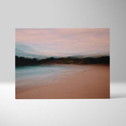 Dreamy beach seascape canvas wall art with soft pink sky and teal waves