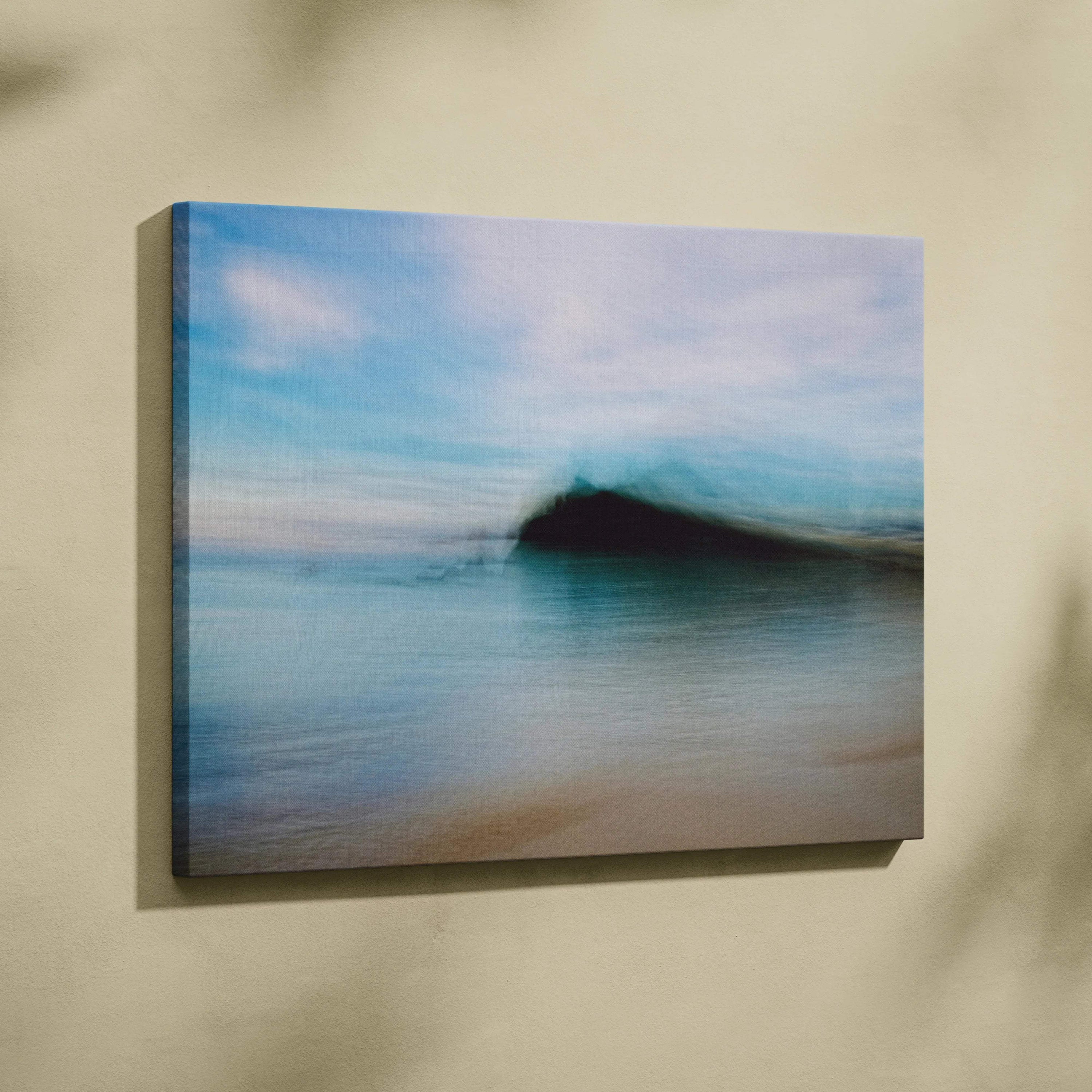Moody abstract seascape canvas print with teal waves and dark island silhouette