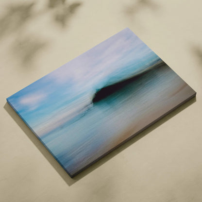 Moody abstract seascape canvas with teal waves, dark island, soft blues