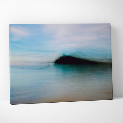 Moody abstract seascape canvas with teal waves, soft blues, dark island silhouette