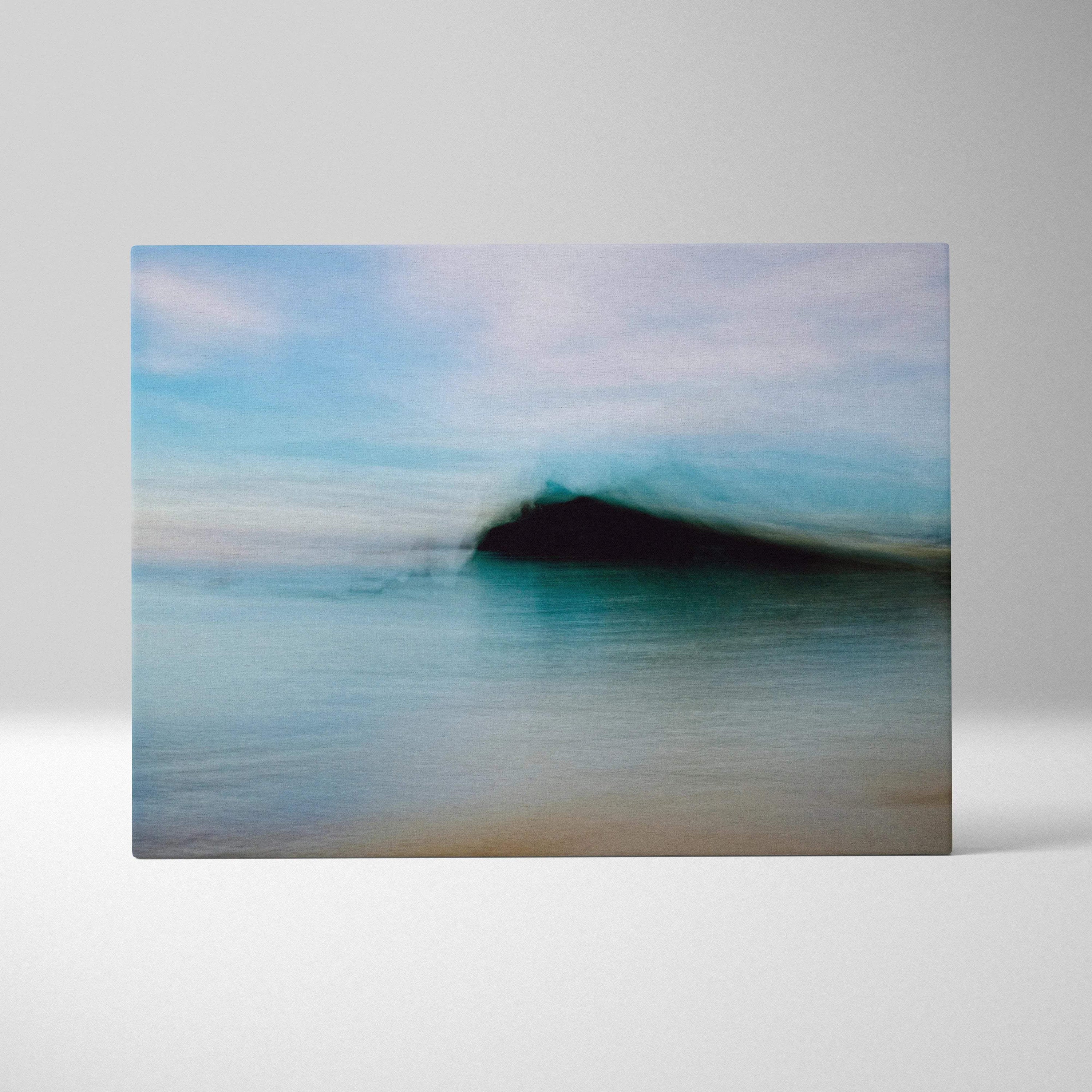 Moody abstract seascape canvas art with teal waves, soft blues, dark island silhouette
