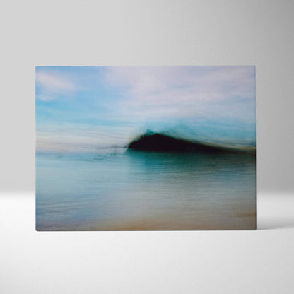 Moody abstract seascape canvas art with teal waves, soft blues, dark island silhouette