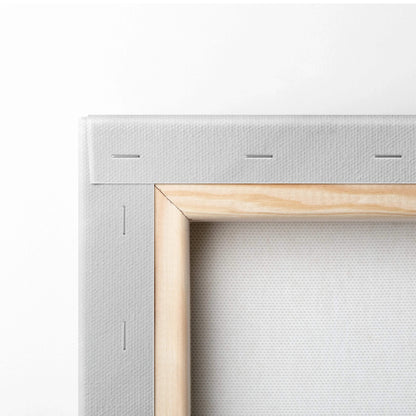 Back of minimalist white marble canvas wall art on light gray canvas over wood frame