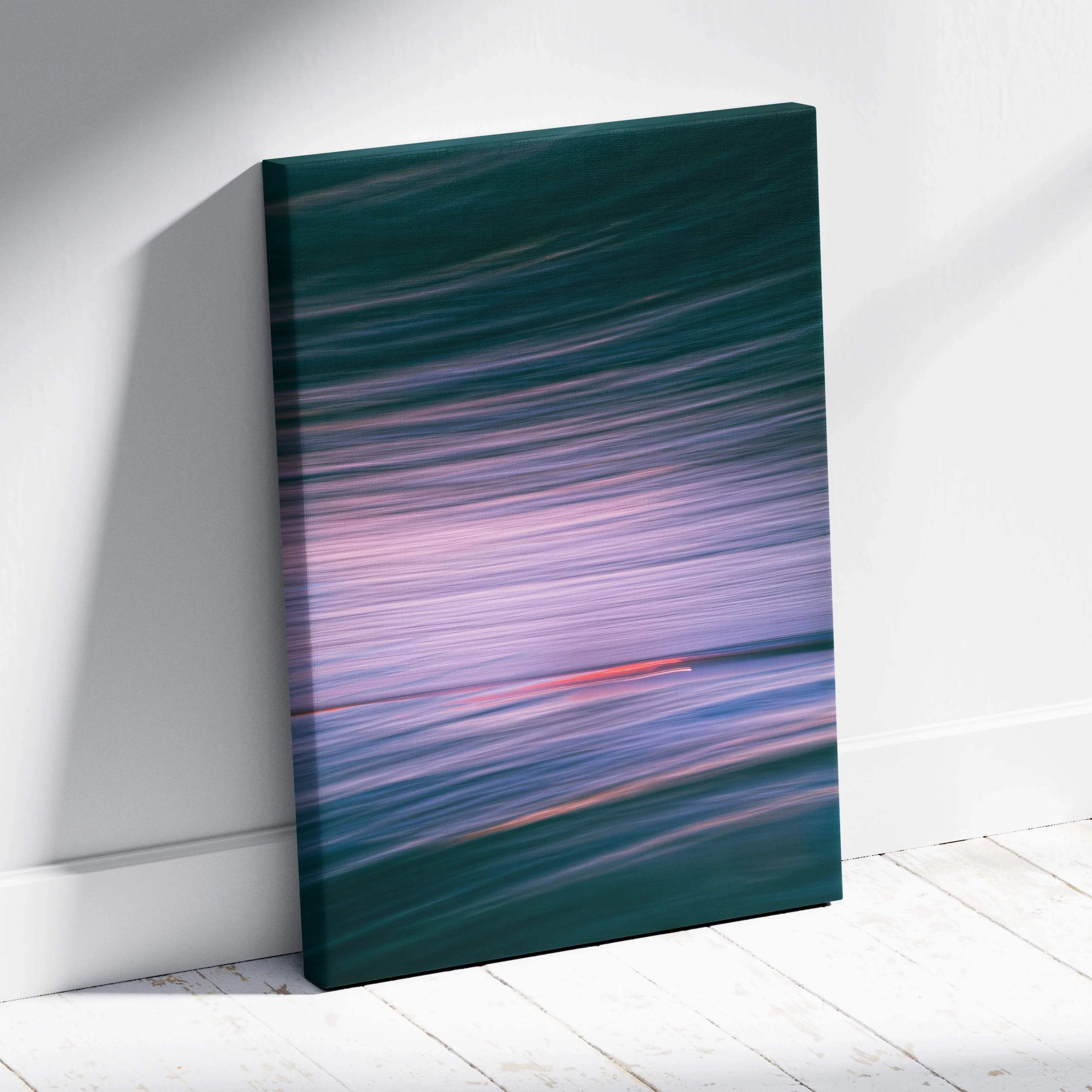 Abstract ocean seascape canvas art in teal, pink sunset tones with motion blur