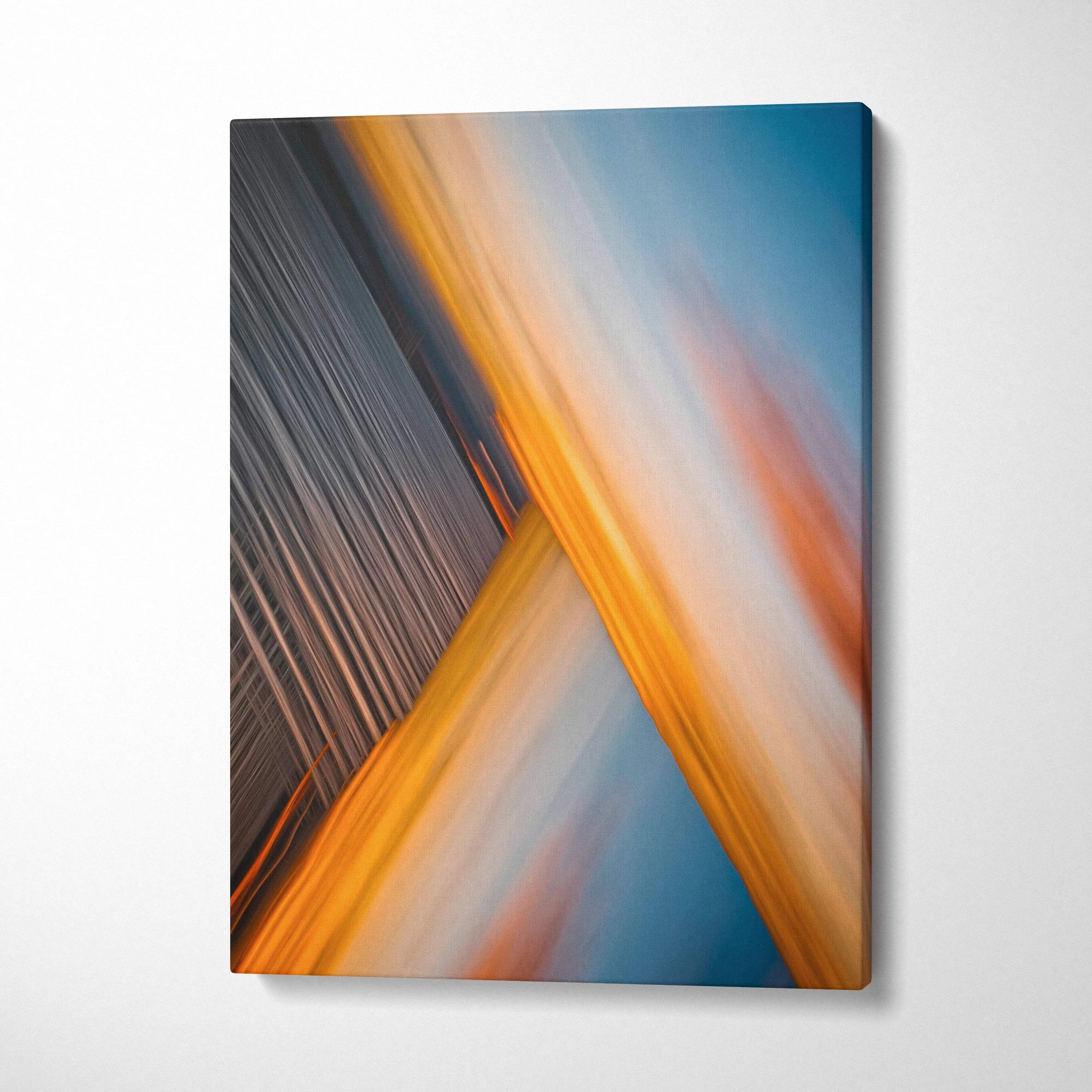 Abstract city skyline motion blur sunset canvas in orange blue tones