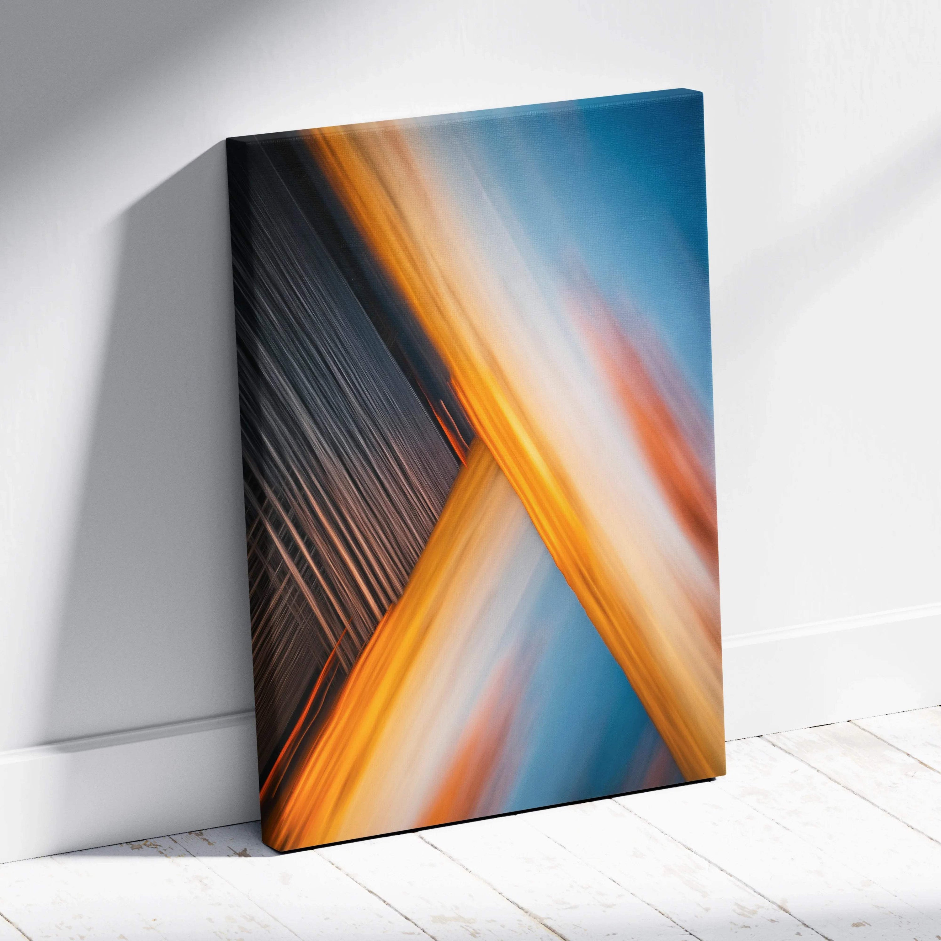 Abstract city skyline motion blur sunset canvas art in gold orange deep blue tones