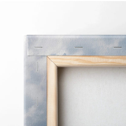 Close-up of wooden frame corner and canvas fabric stretched for wall art mounting.