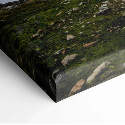Mountain landscape canvas wall art featuring green moss and rocky terrain close-up texture.