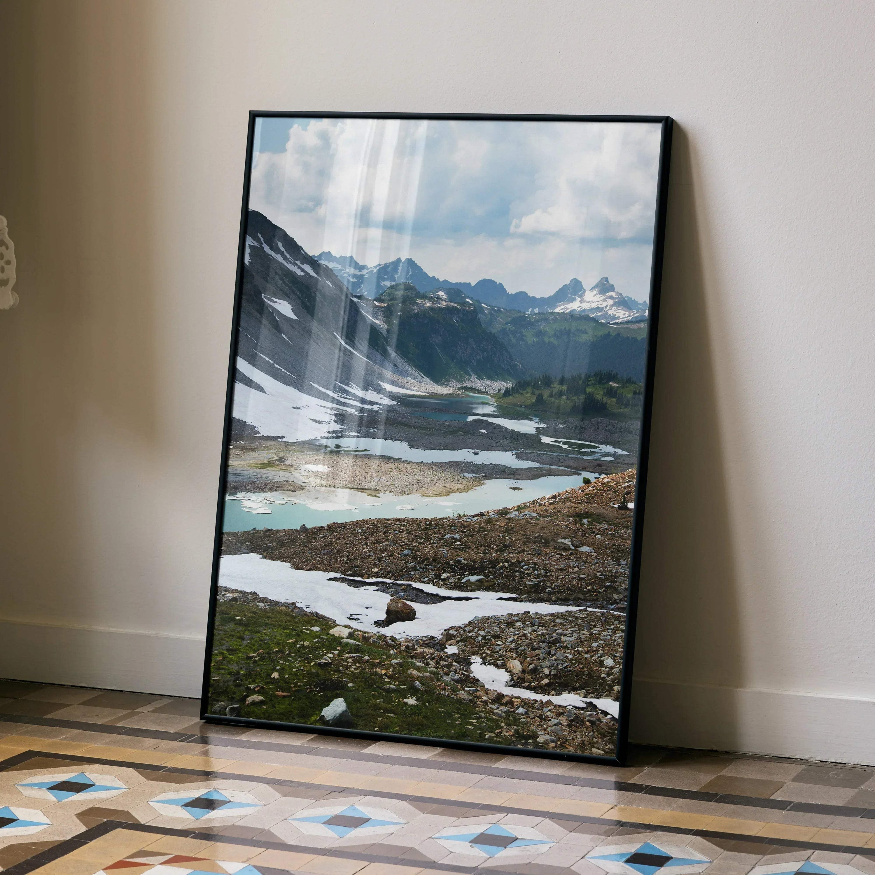 Majestic mountain landscape poster with snow patches and clear sky vertical wall art print.