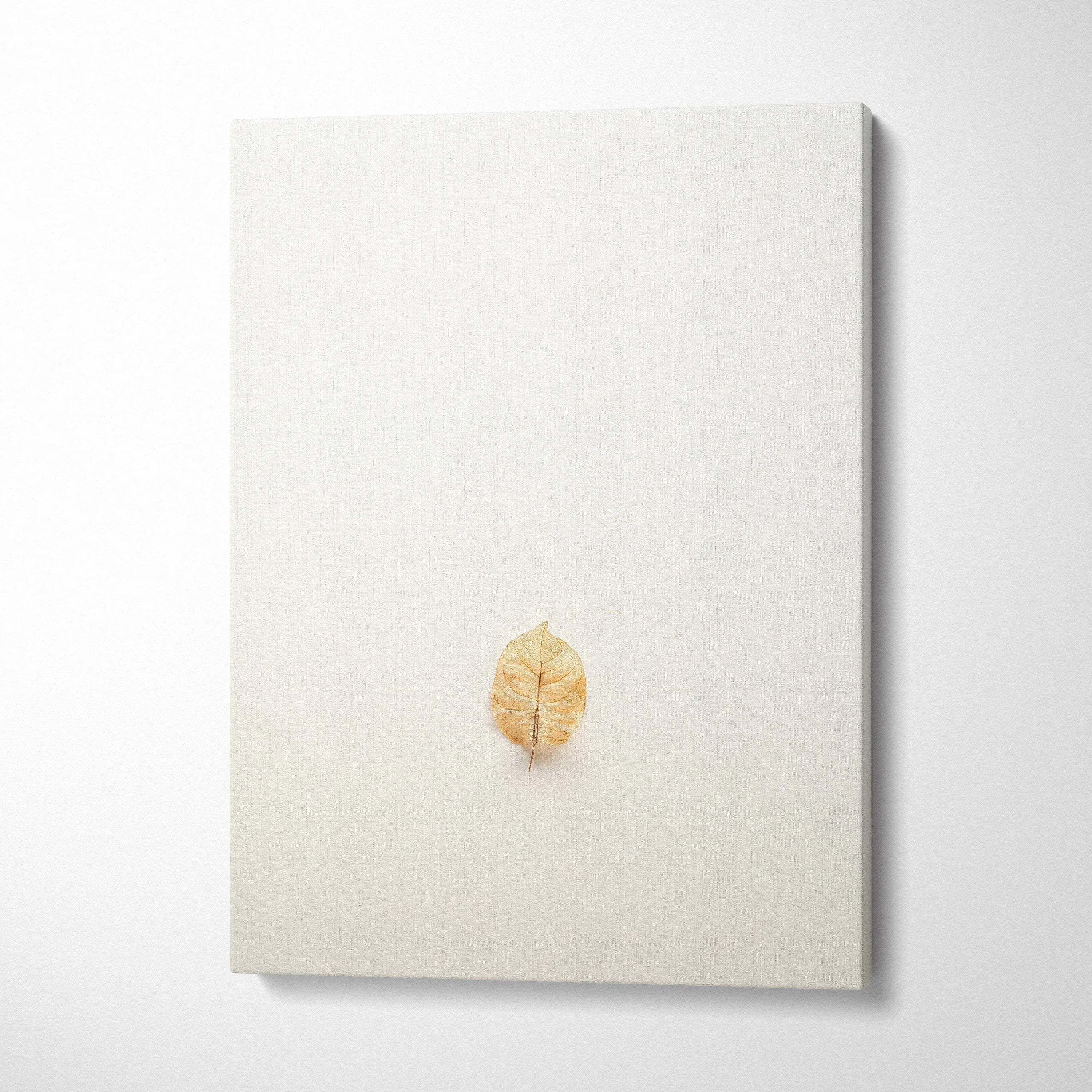 Minimalist dried golden leaf on warm beige canvas wall art