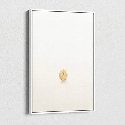 Minimalist dried golden leaf on warm beige canvas wall art