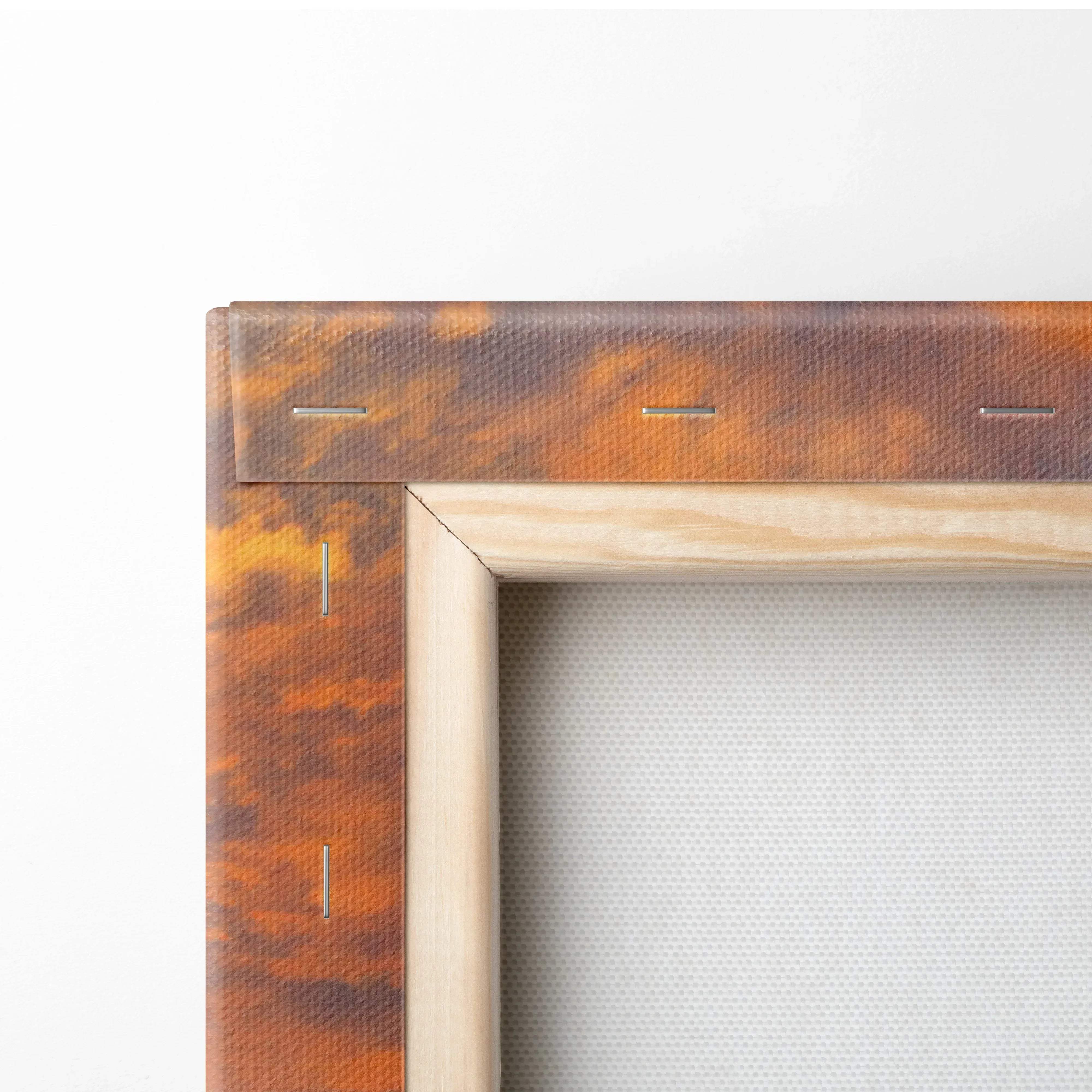 A rustic wooden canvas frame with warm orange brown finish and stitching for modern cityscape wall art decor