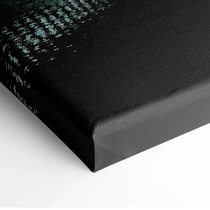 Close-up of black canvas edge with textured city skyline detail in wall art.