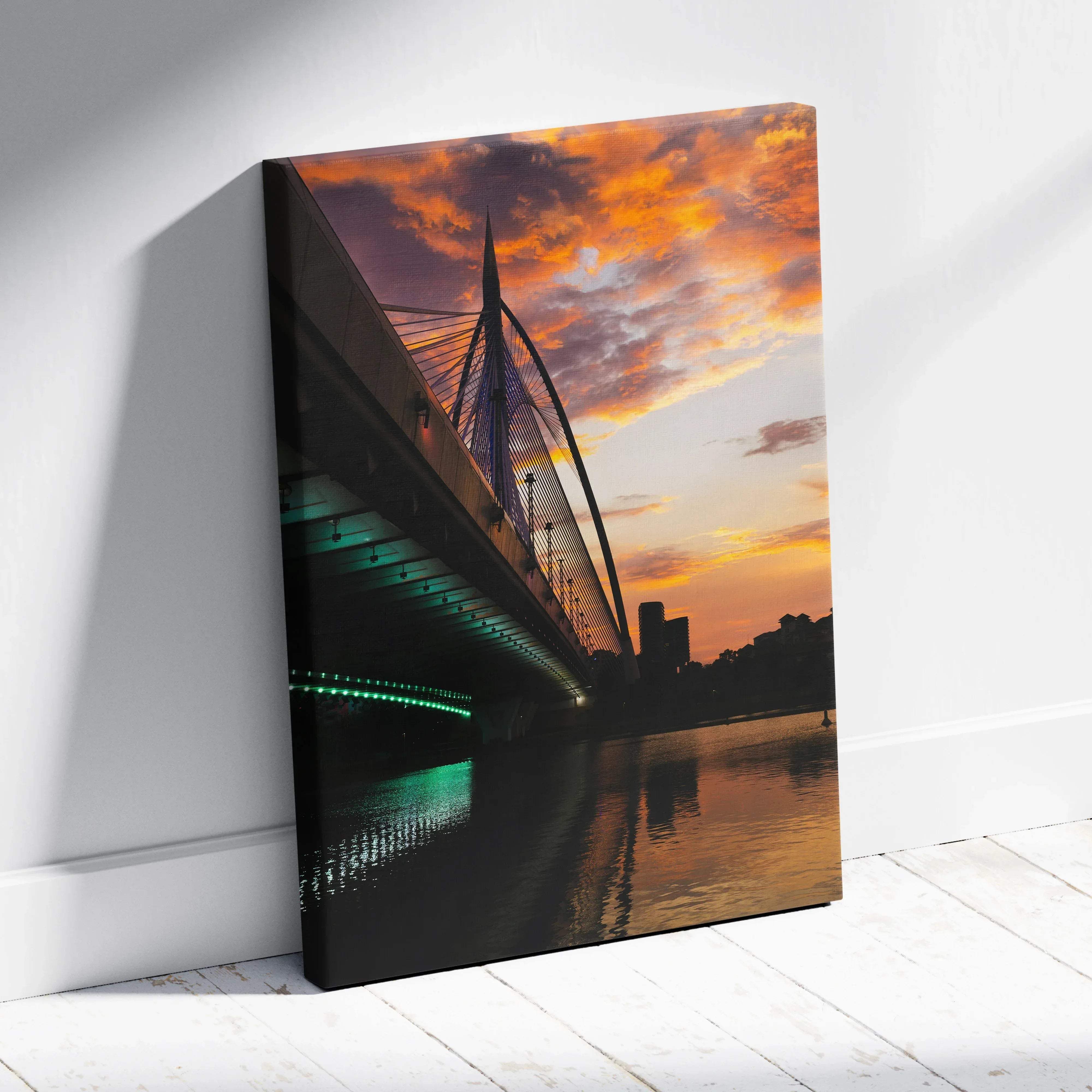 Canvas wall art featuring a modern cable-stayed bridge with green lights and vibrant sunset skies for living room decor