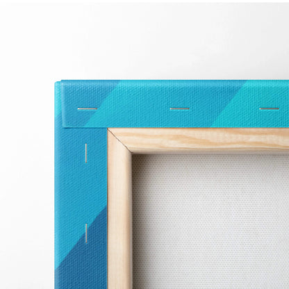 Teal canvas with diagonal stripes, stitching, light wood frame