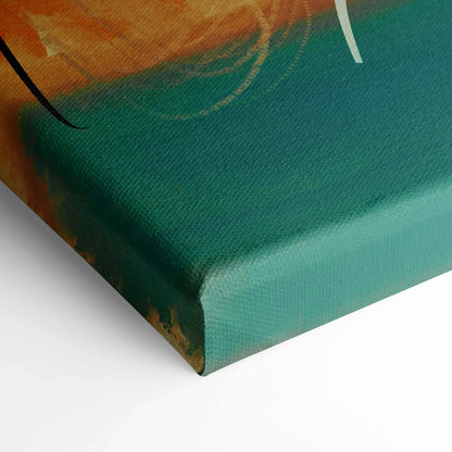 Teal and orange abstract expressionist canvas with textured energetic brush strokes
