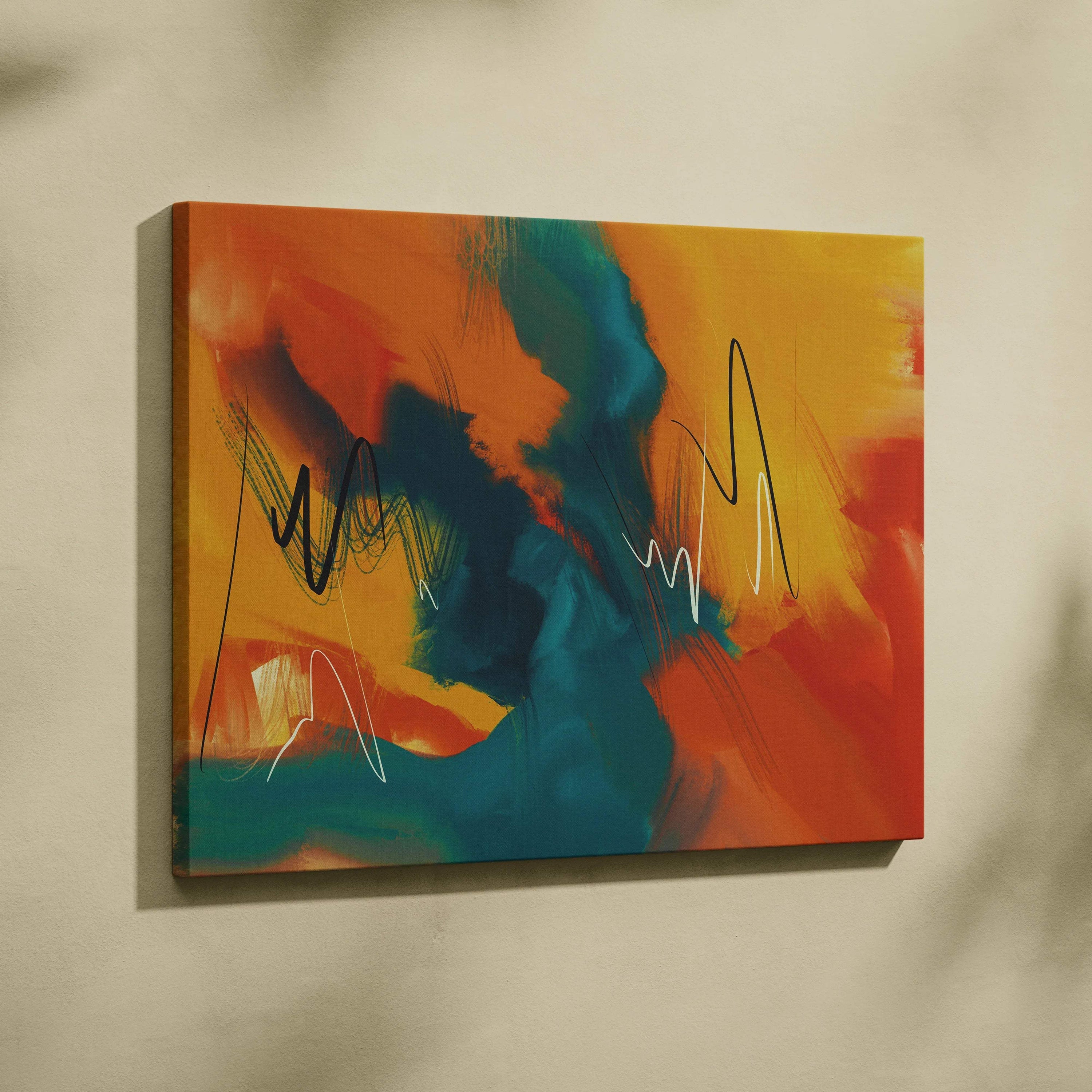 Vibrant abstract expressionist canvas wall art with orange, yellow, teal strokes