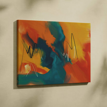 Vibrant abstract expressionist canvas wall art with orange, yellow, teal strokes