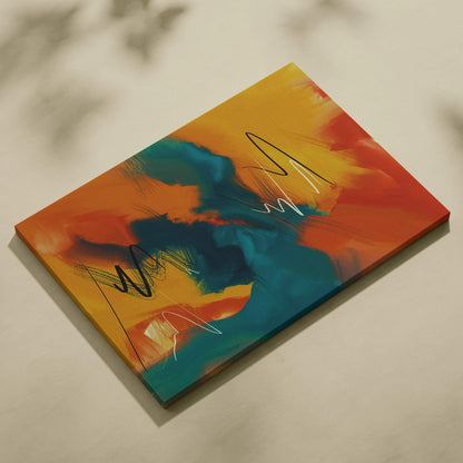Vibrant abstract expressionist canvas wall art with orange yellow teal strokes