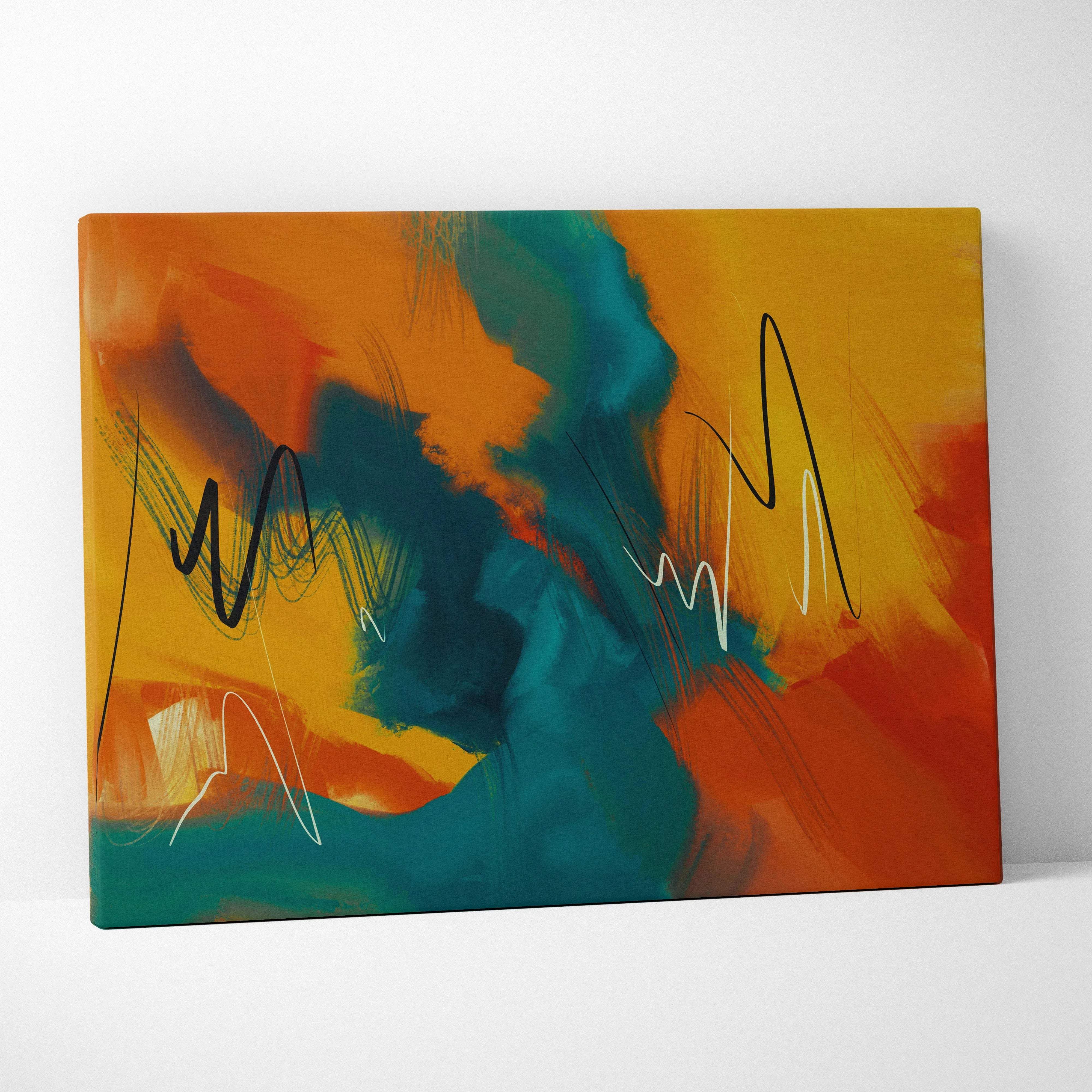 Vibrant abstract expressionist canvas wall art with orange yellow teal brushstrokes