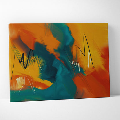 Vibrant abstract expressionist canvas wall art with orange yellow teal brushstrokes