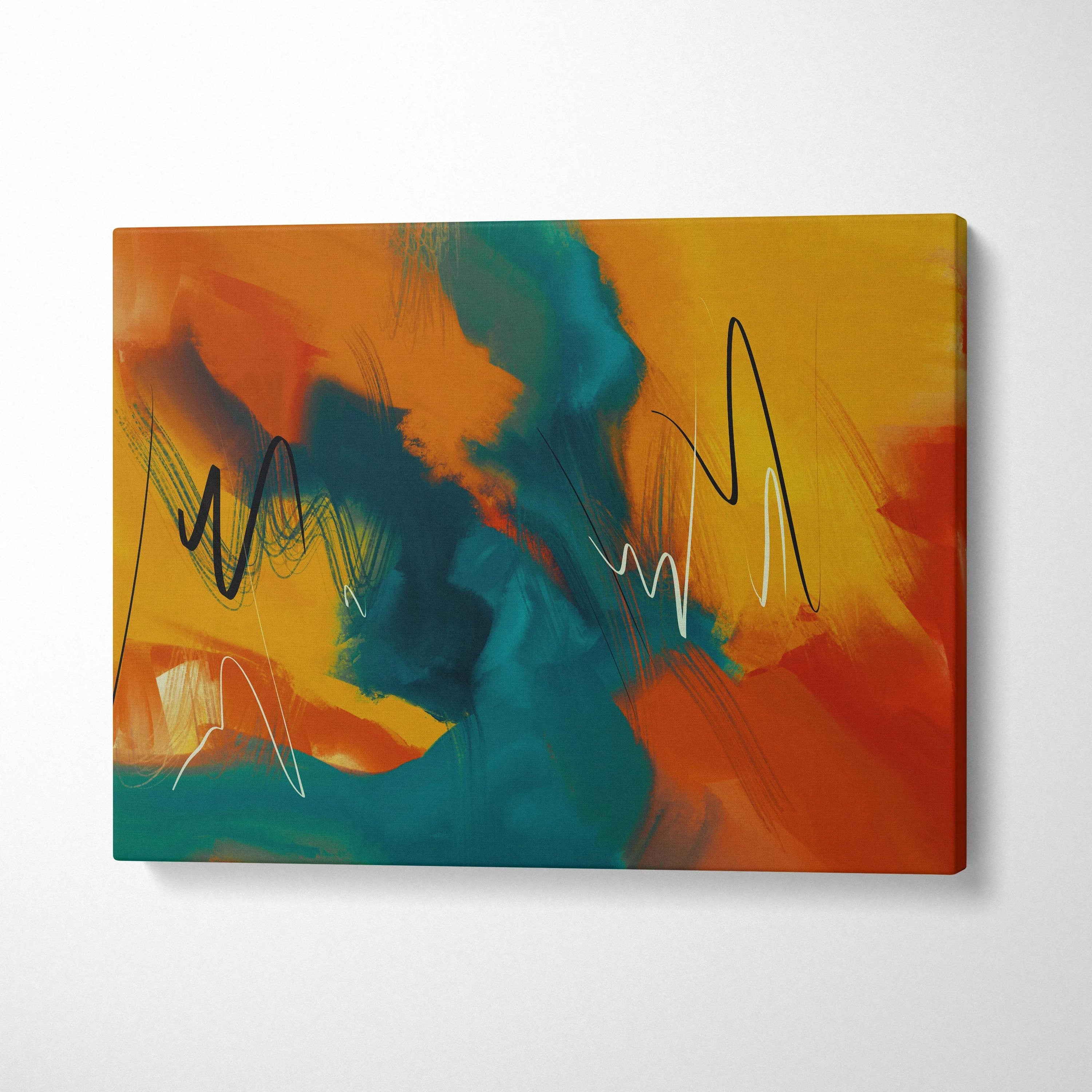 Vibrant abstract expressionist canvas wall art with orange yellow teal brushstrokes
