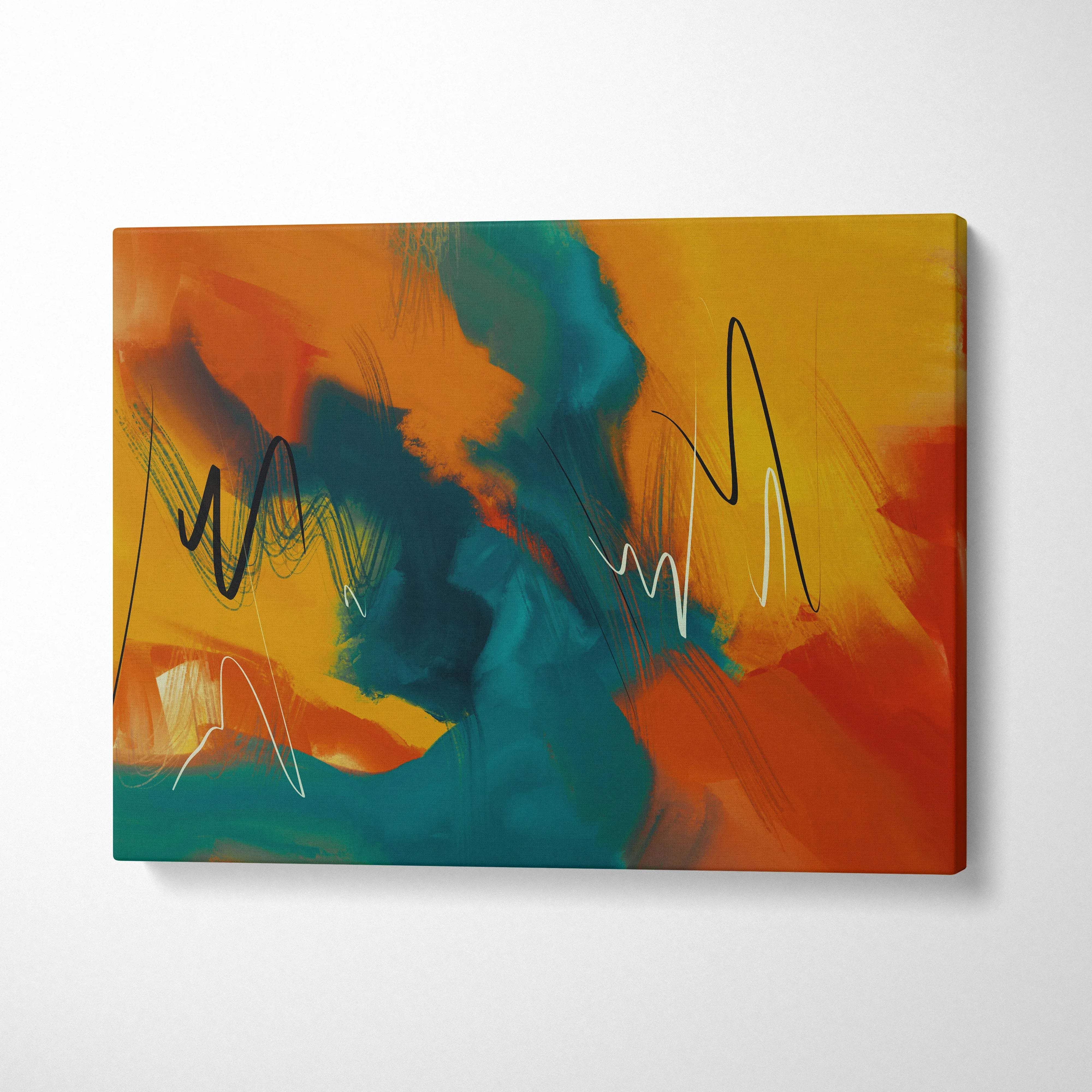 Vibrant abstract expressionist canvas wall art with orange yellow teal brushstrokes