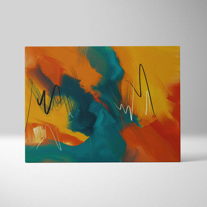 Vibrant abstract canvas wall art with orange yellow teal brushstrokes