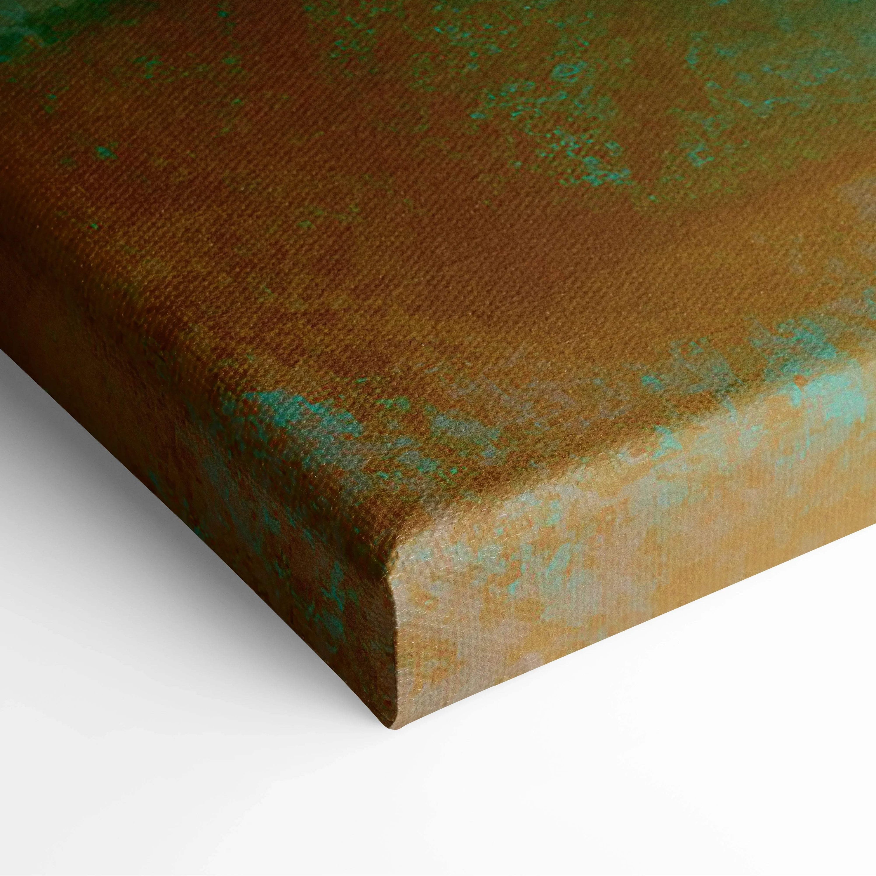 Bold abstract geometric canvas wall art with textured copper teal patina blocks and circle