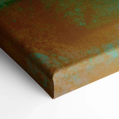 Bold abstract geometric canvas wall art with textured copper teal patina blocks and circle