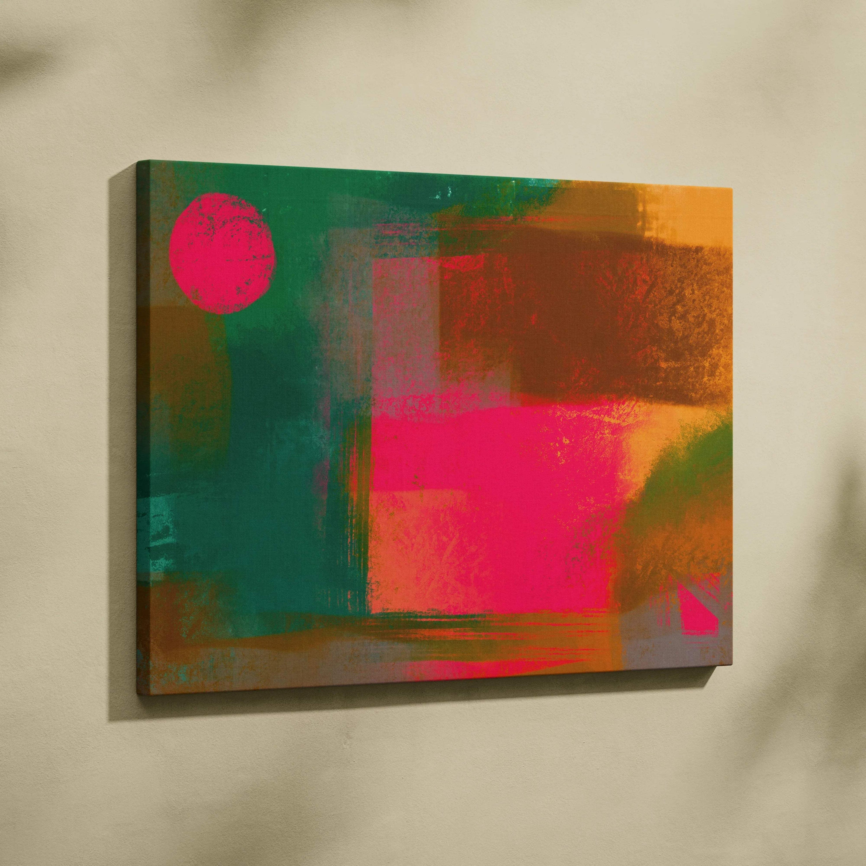 Vibrant abstract geometric canvas wall art with textured pink teal orange blocks and circle