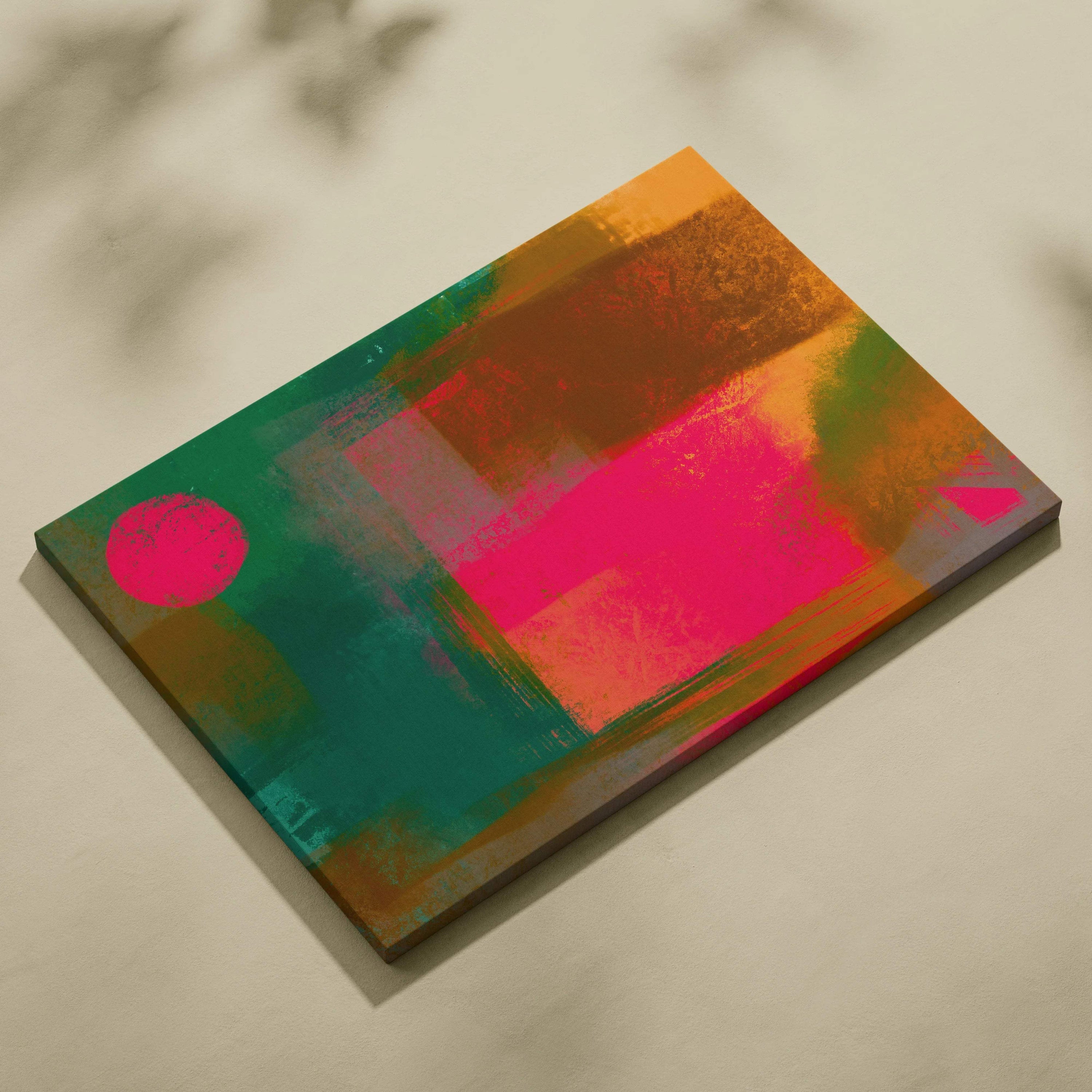 Bold abstract geometric canvas wall art with textured teal orange magenta blocks and circle