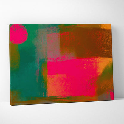 Bold abstract geometric canvas wall art with textured blocks, circle in vibrant pink, green, orange