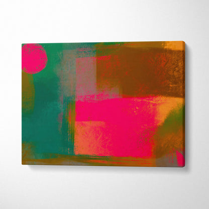 Bold abstract geometric canvas wall art with textured magenta teal ochre blocks and circle