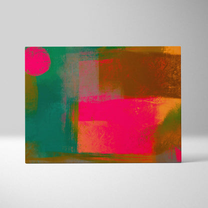 Bold abstract geometric canvas wall art with textured blocks, circles in vibrant pink, teal, orange
