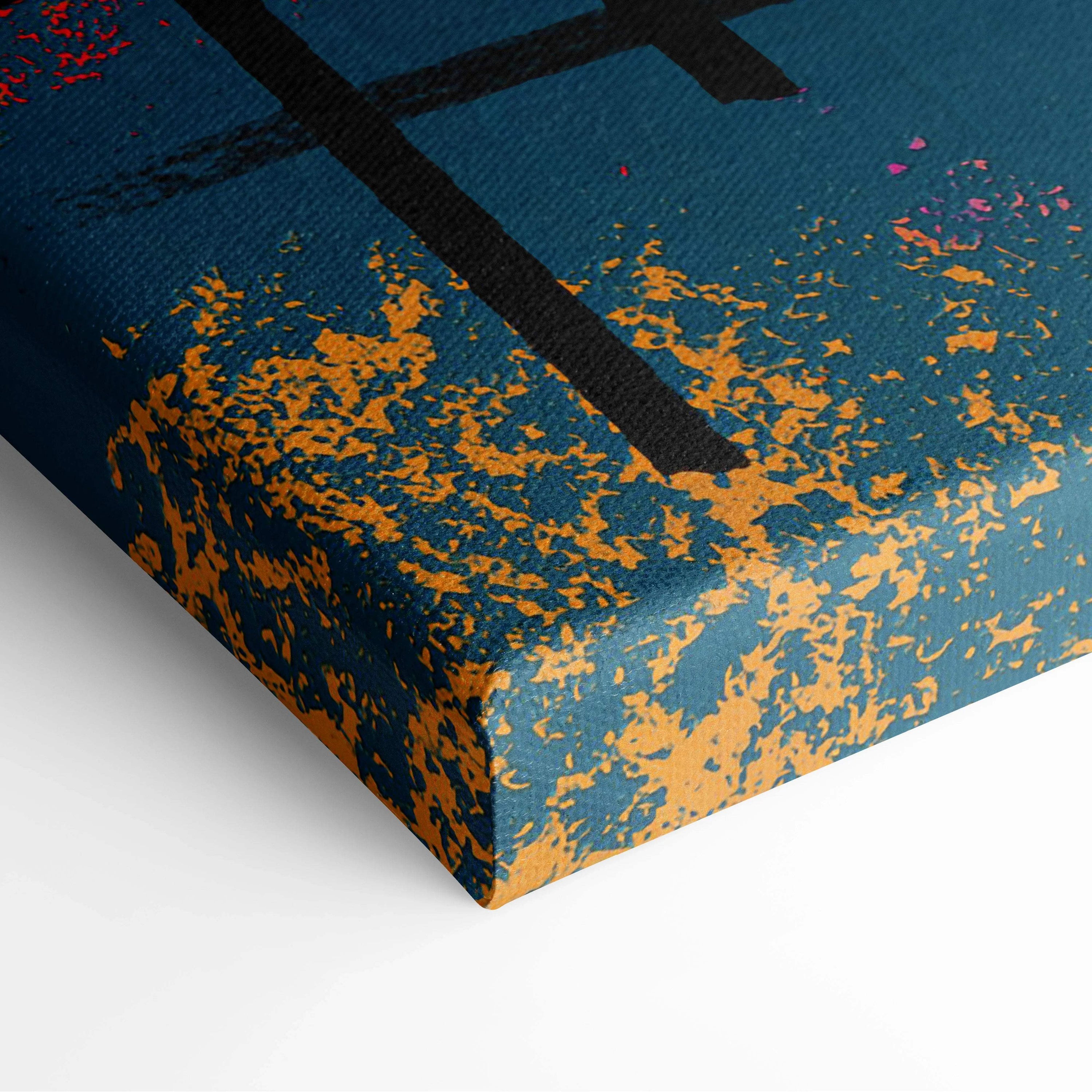 Bold abstract expressionist canvas wall art with black brushstrokes, teal background, orange pink splatters