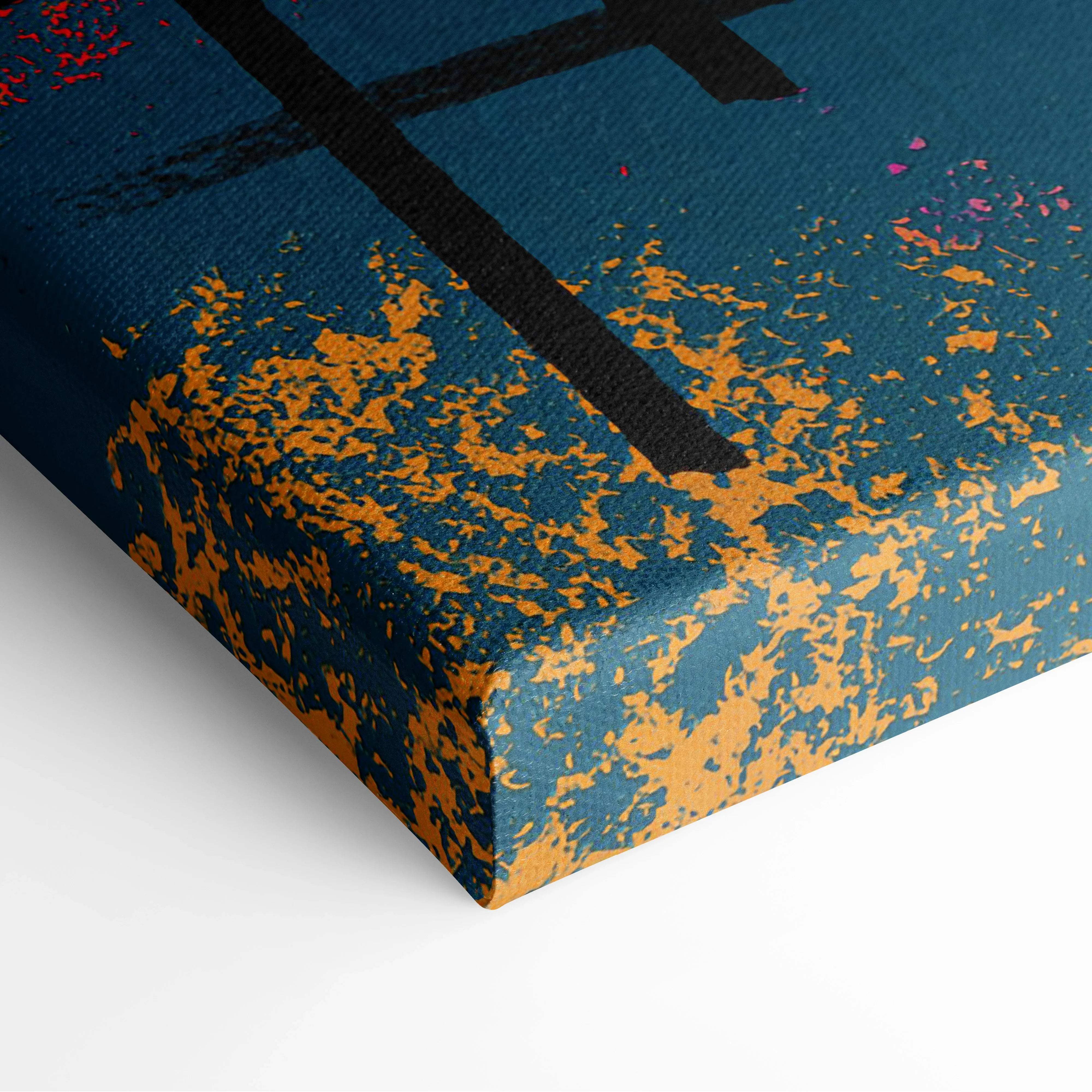 Bold abstract expressionist canvas wall art with black brushstrokes, teal background, orange pink splatters