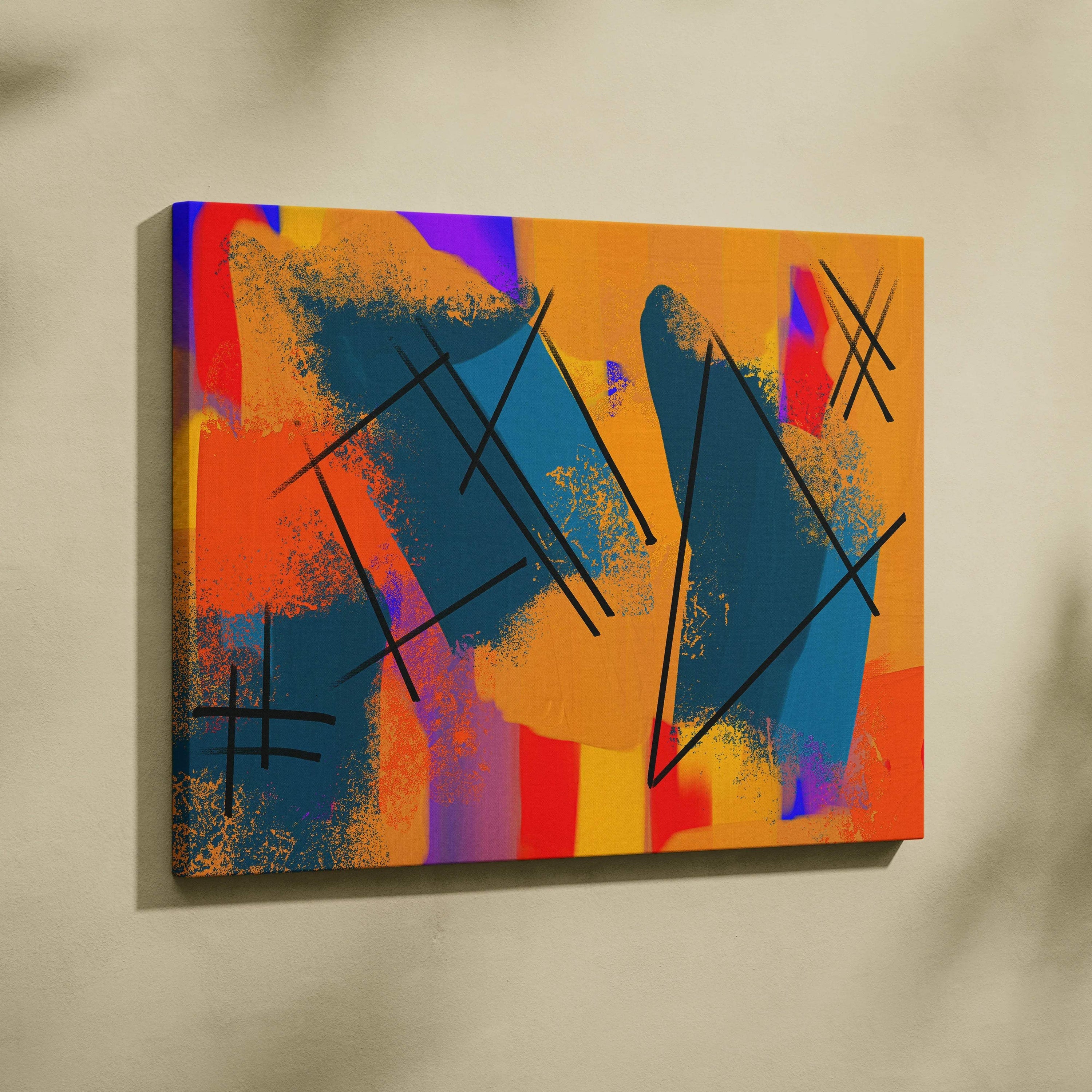 Bold abstract expressionist canvas wall art in orange teal purple red