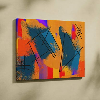 Bold abstract expressionist canvas wall art in orange teal purple red