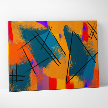 Bold abstract expressionist canvas wall art in orange teal red with energetic urban mood