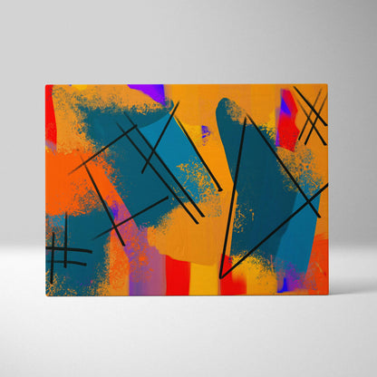 Bold abstract canvas wall art with orange teal red brushstrokes geometric lines