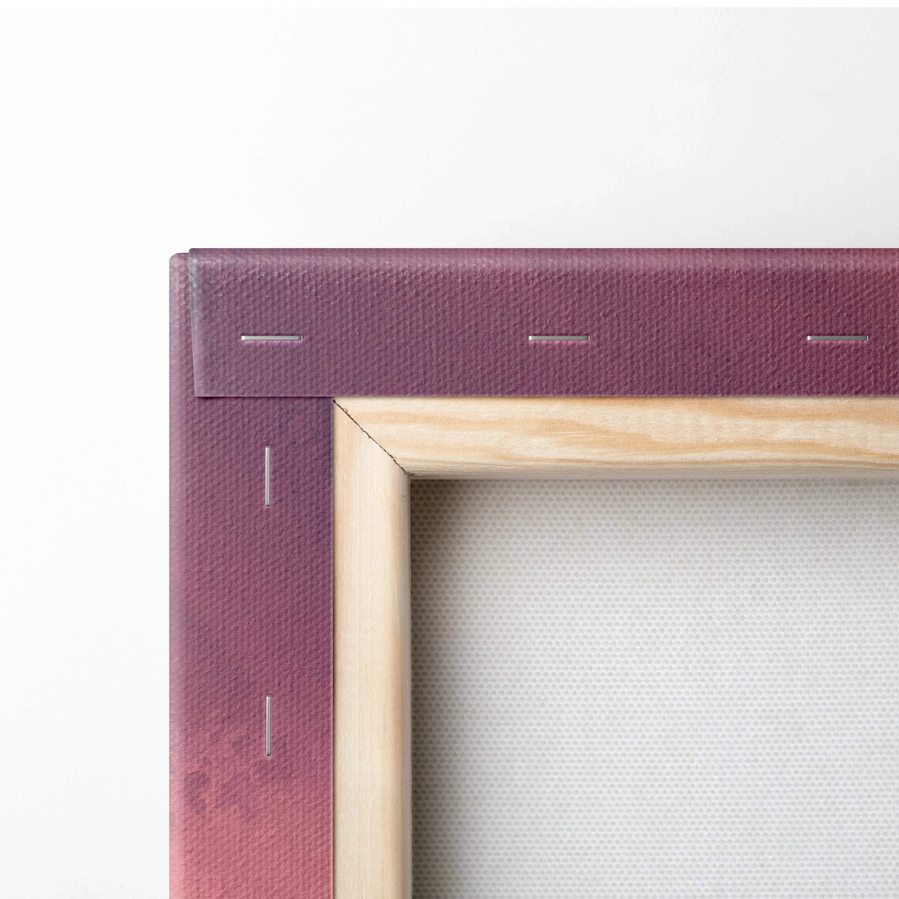 Back of maroon abstract pink burgundy landscape canvas with wood frame stitching