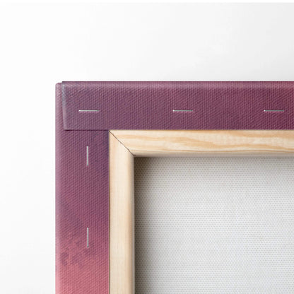 Back of maroon abstract pink burgundy landscape canvas with wood frame stitching