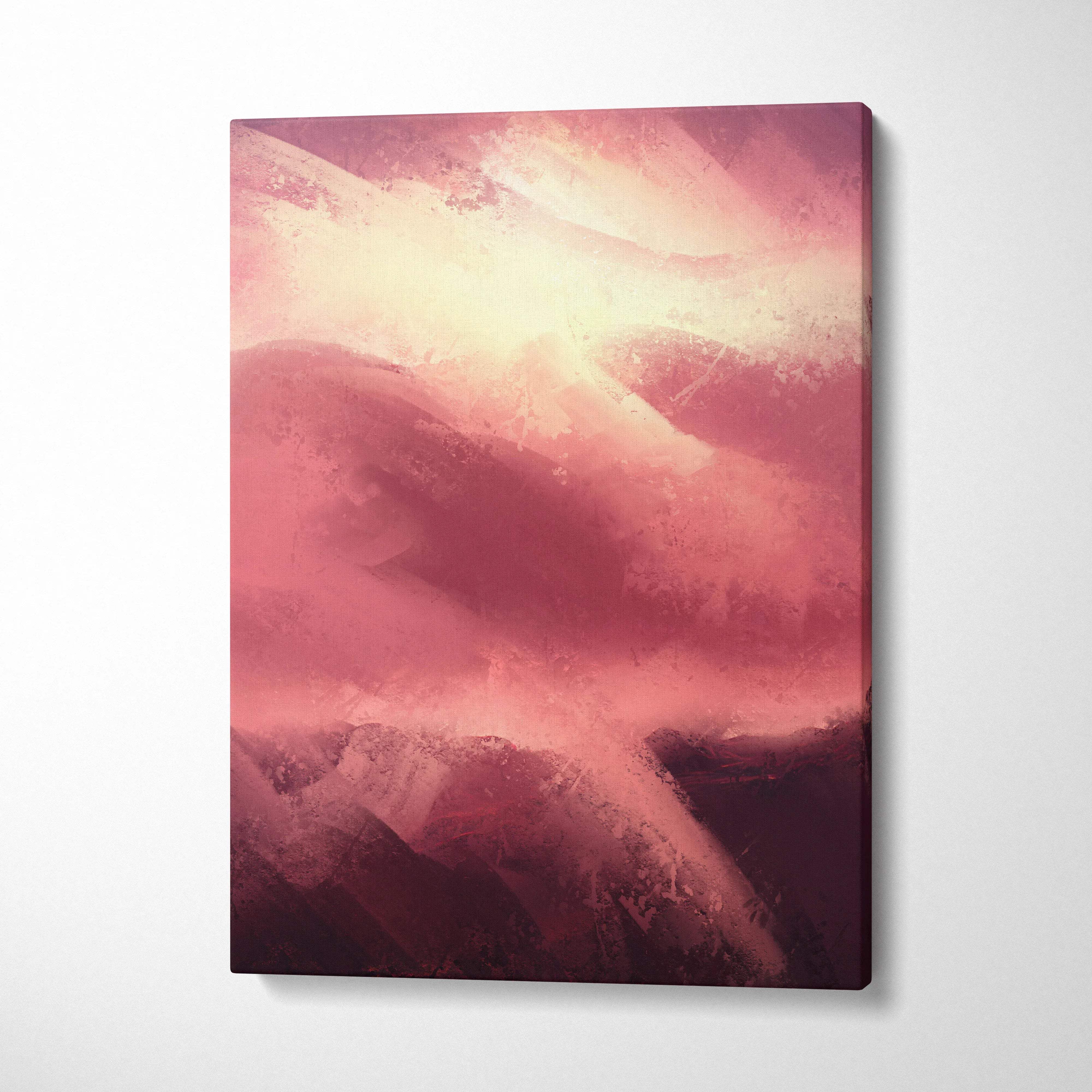 Abstract pink and burgundy landscape canvas wall art with glowing light