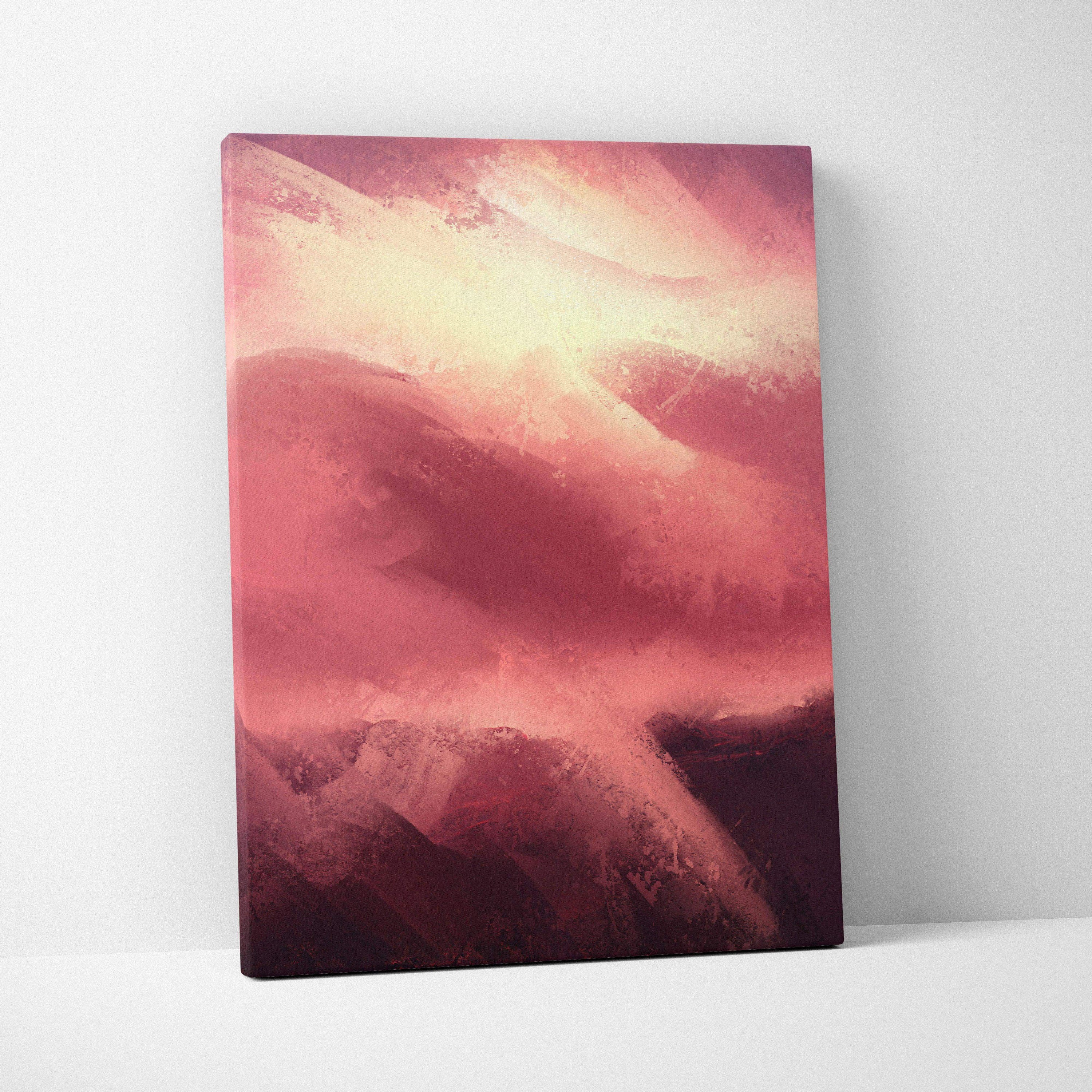 Abstract pink and burgundy landscape canvas wall art with glowing light