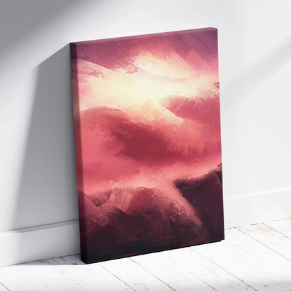 Vibrant abstract pink and burgundy landscape canvas wall art with glowing light