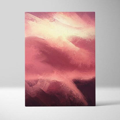 Abstract pink and burgundy landscape canvas wall art with glowing light