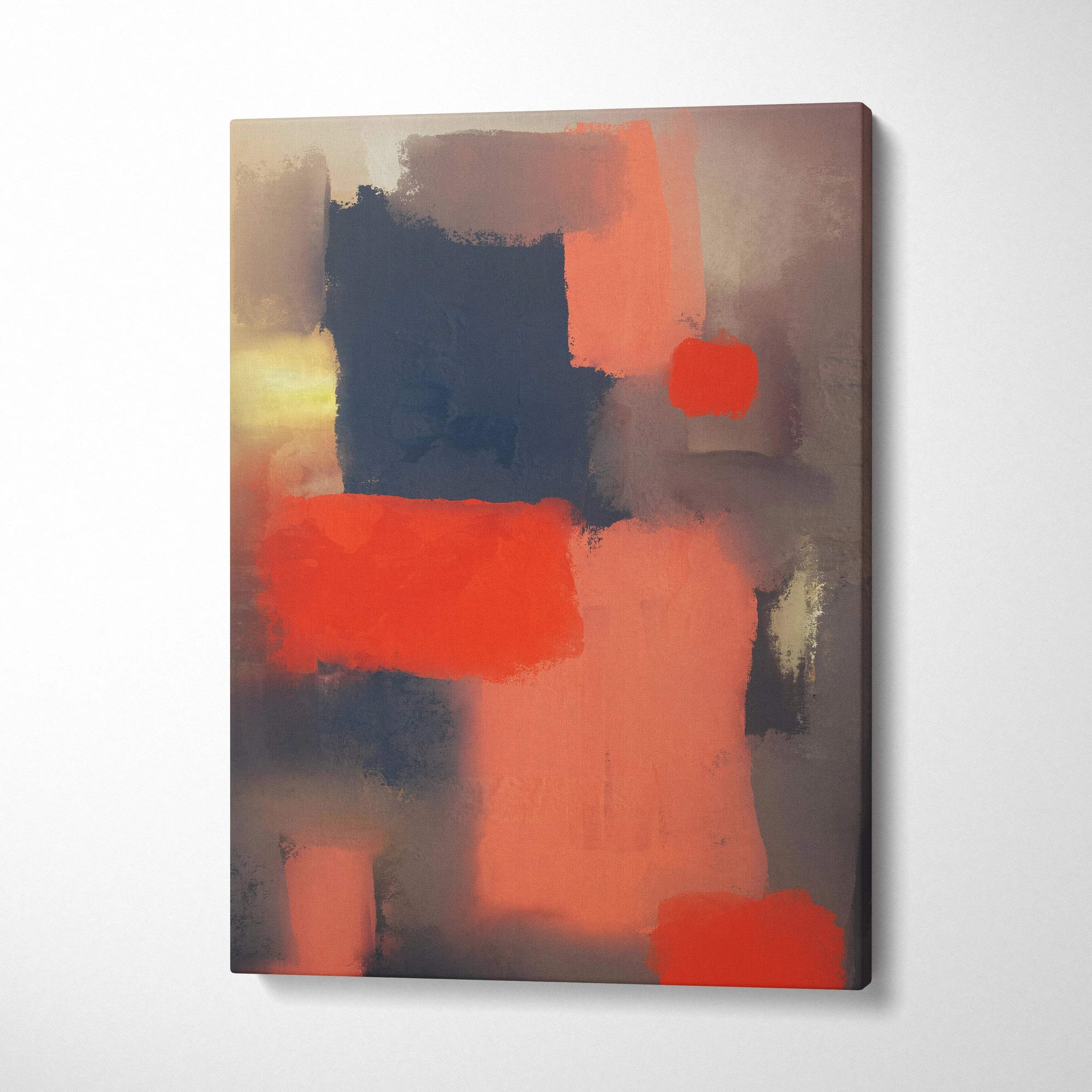 Moody abstract geometric canvas wall art with bold orange navy blocks